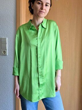 Lauren Ralph Lauren Black Label Lime Green Satin Effect Button Down Shirt Large